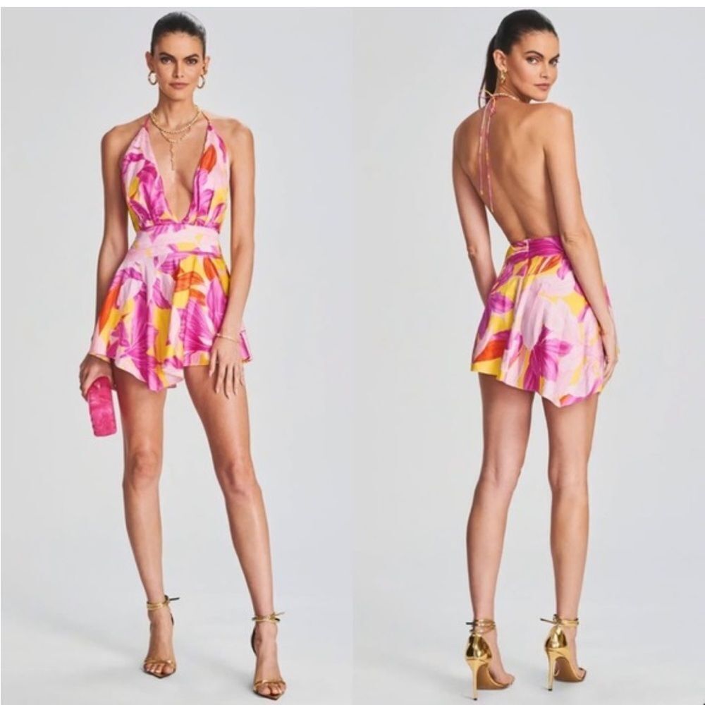 NWT Retrofete Valo Halter Open Back Silk Botanical Floral Mini Dress M $445